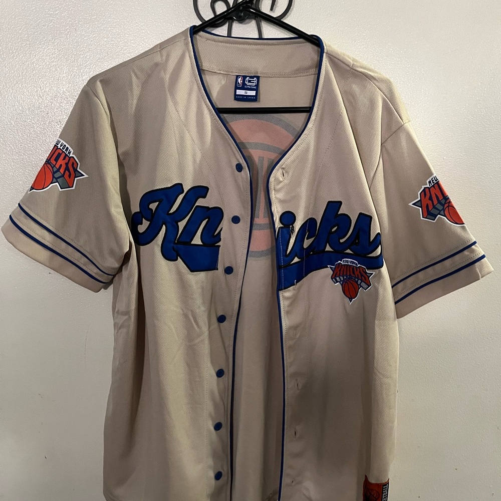 Beige and Blue Knicks Baseball Jersey